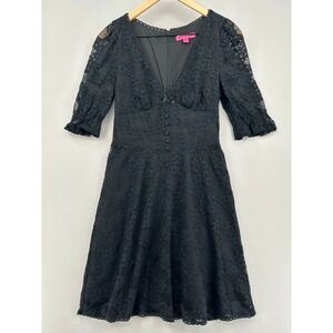 Betsey Johnson Black Floral Lace V-Neck Fit Dress Ruffle Sleeve Womens Size 6